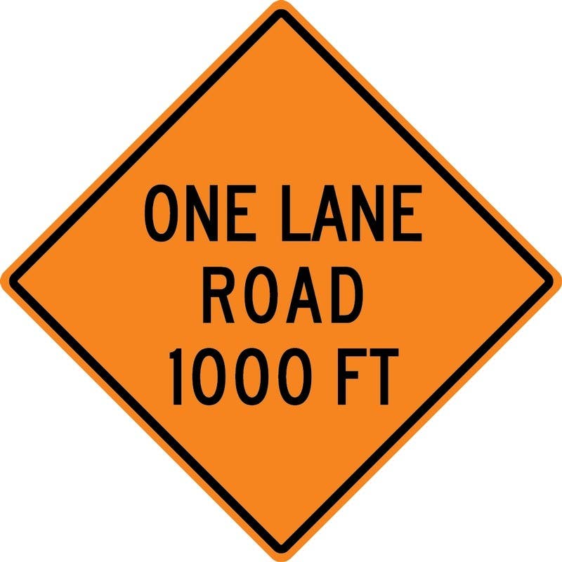 AccuformNMC FRK Rigid Construction Sign, One Lane Road 1000 Ft