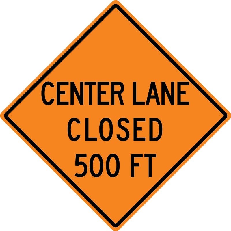 AccuformNMC FRK Rigid Construction Sign, Center Lane Closed 500 Ft