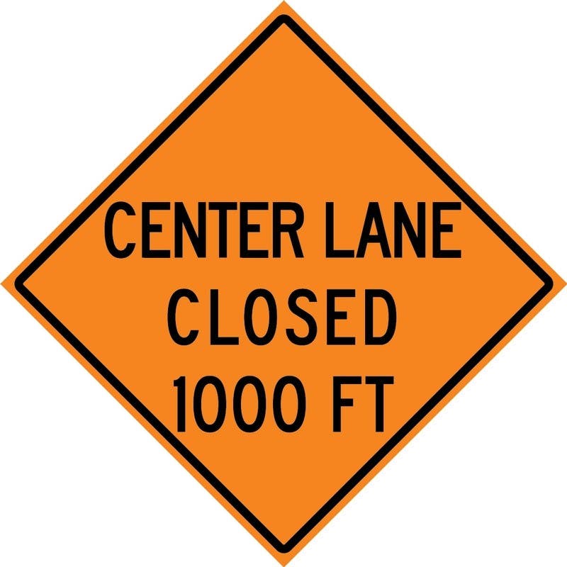 AccuformNMC FRK Rigid Construction Sign, Center Lane Closed 1000 Ft