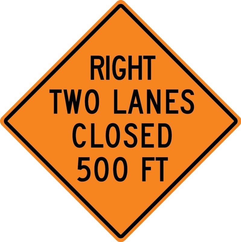 AccuformNMC FRK Rigid Construction Sign, Right Two Lanes Closed 500 Ft