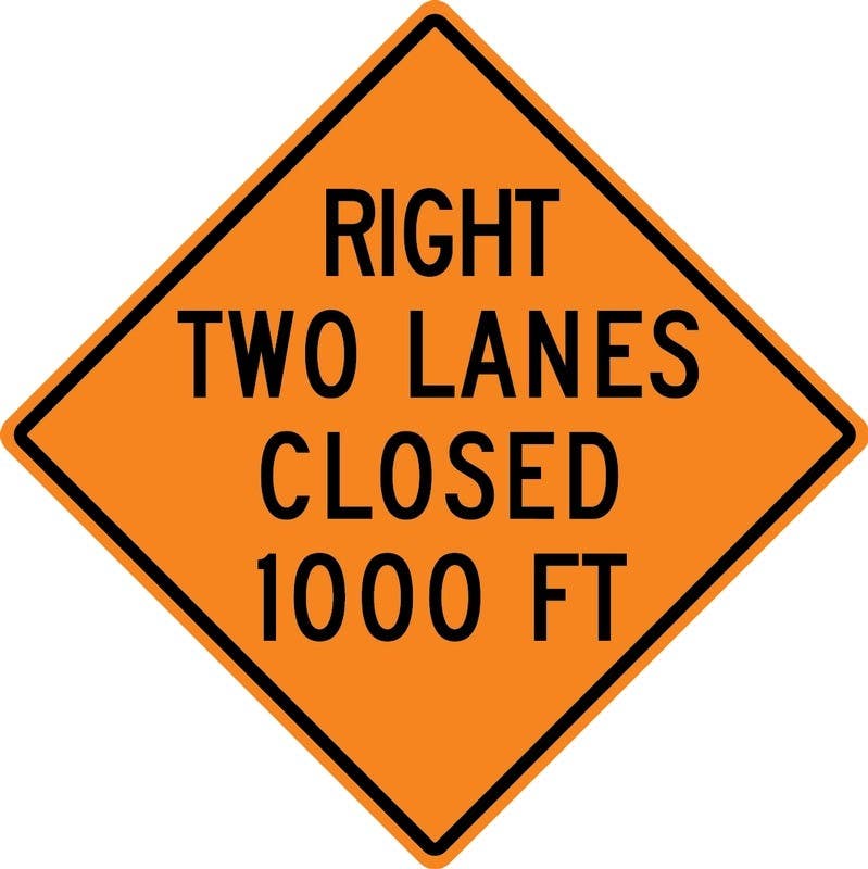 AccuformNMC FRK Rigid Construction Sign, Right Two Lanes Closed 1000 Ft