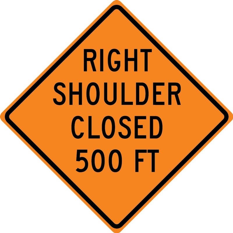 AccuformNMC FRK Rigid Construction Sign, Right Shoulder Closed 500 Ft