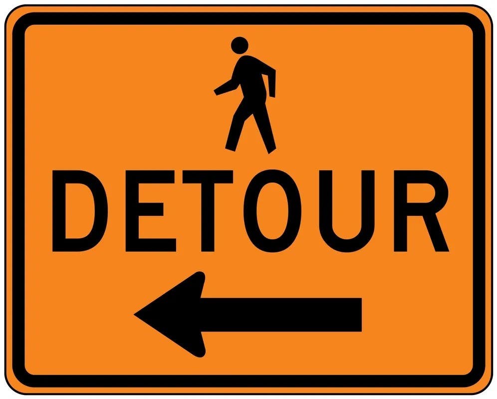 AccuformNMC FRK Rigid Construction Sign: Detour (Pedestrian), 24" H x 30" W