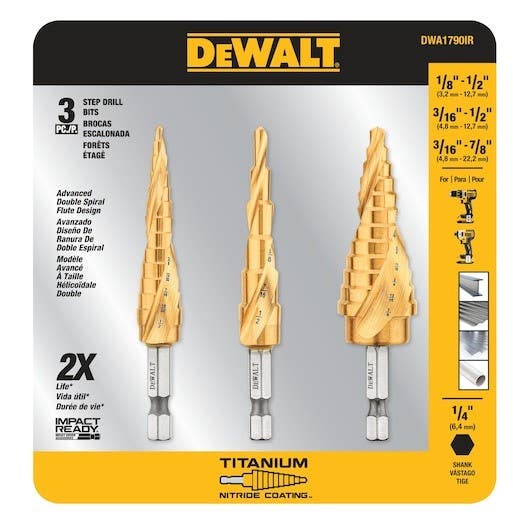 DEWALT DWA1790IR 3-Pc. IMPACT READY Titanium Nitride Coating Step Drill Bit Set