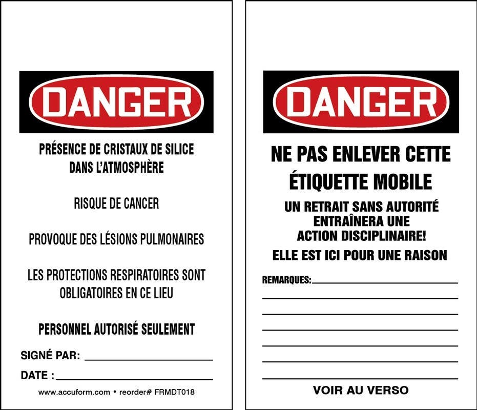 AccuformNMC MDT OSHA Danger Safety Tags, Respirable Crystalline Silica May Cause Cancer…, 5/Pk