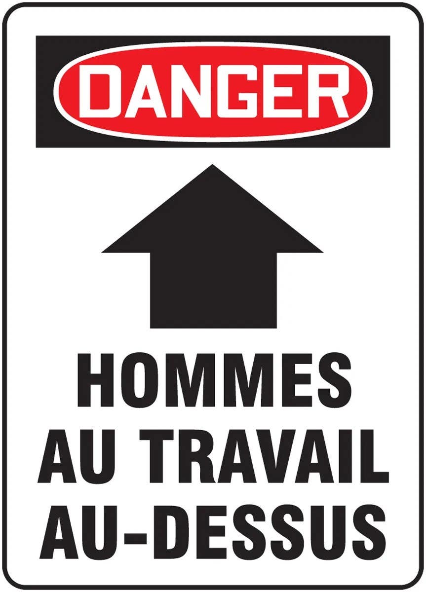 AccuformNMC FRMEQM Bilingual French Sign, Danger, Hommes Au Travail Au-Dessus