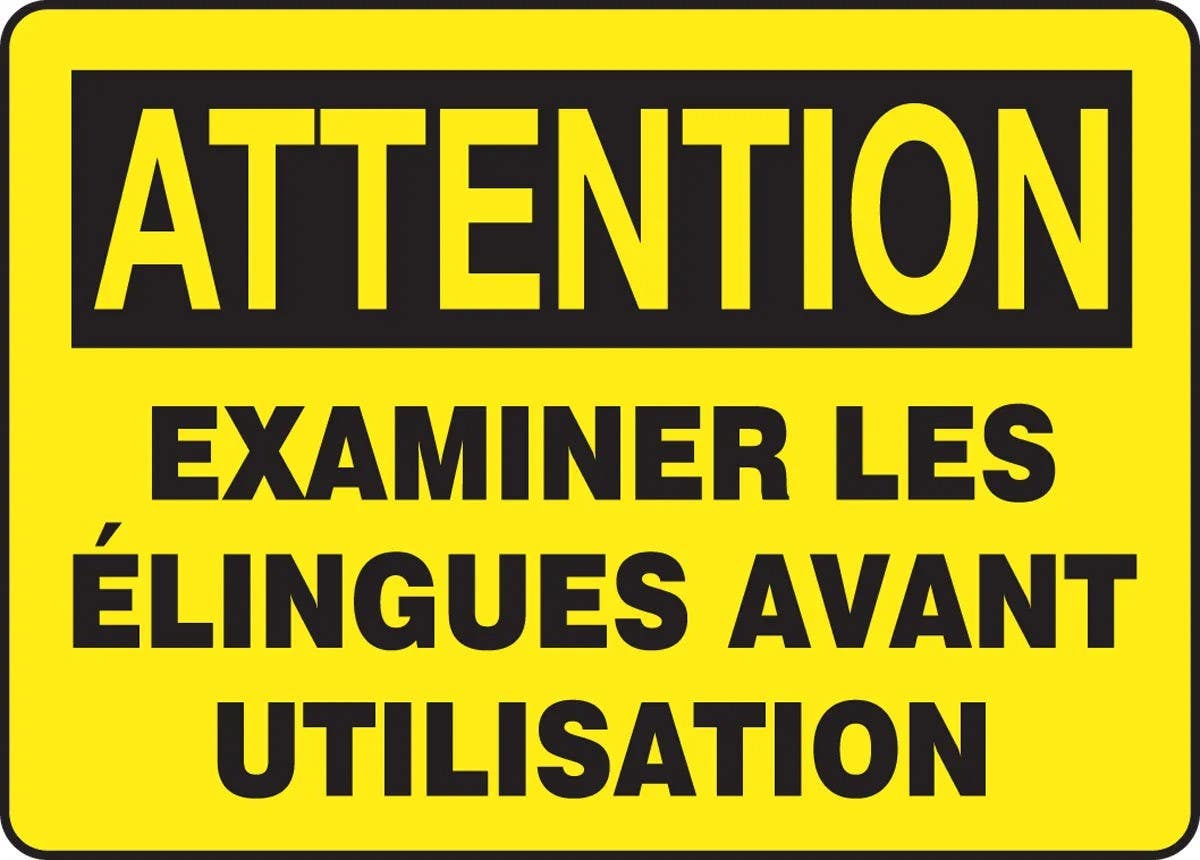 AccuformNMC FRMEQT Bilingual French Sign, Attention, Examiner Les Elingues Avant Utilisation