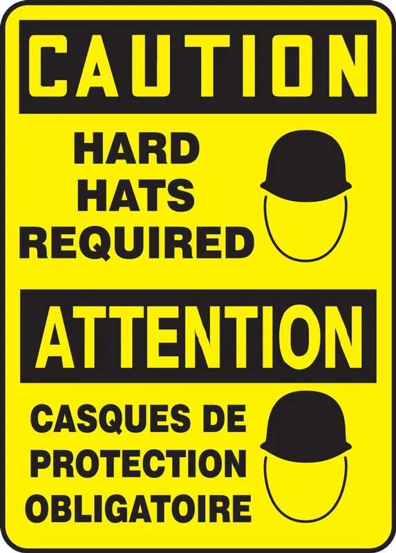 AccuformNMC FBMPPA668 Bilingual French Sign, Caution, Hard Hats Required, 14" H x 10" W
