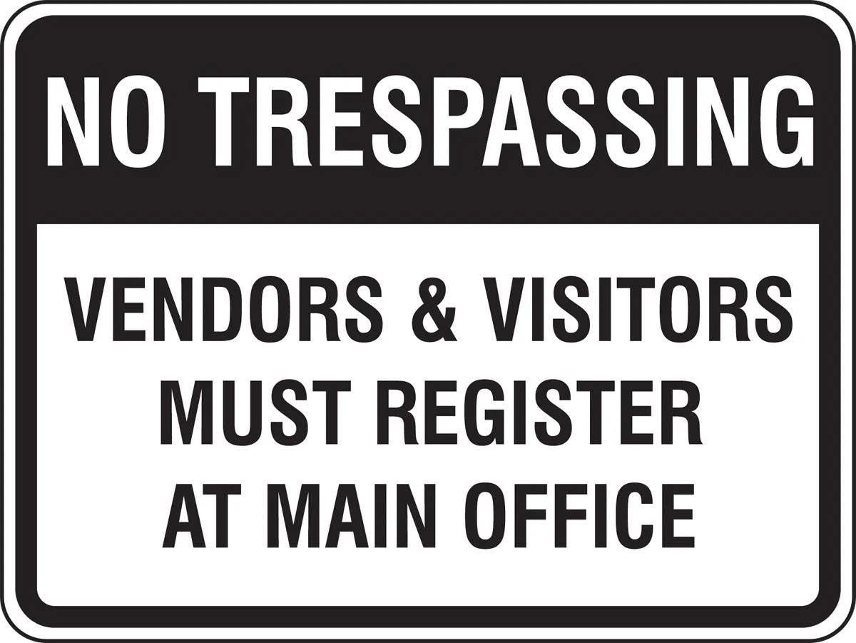 AccuformNMC FRP910 Facility Traffic Sign, Vendors & Visitors Must Register At Main Office, 18" H x 24" W