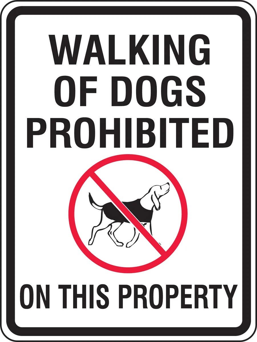 AccuformNMC FRP915 Facility Traffic Sign, Walking OfDogs Prohibited On This Property, 24" H x 18" W