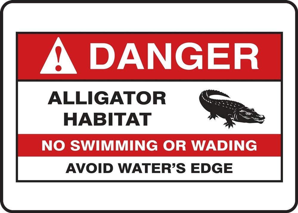 AccuformNMC R001 ANSI Danger Safety Sign, Alligator Habitat, No Swimming Or Wading, Avoid Water's Edge