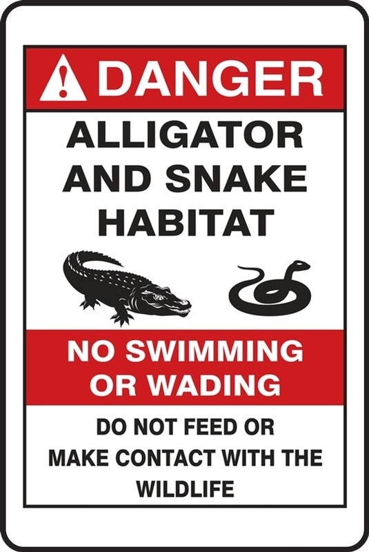 AccuformNMC R00 ANSI Danger Safety Sign, Alligator And Snake Habitat, No Swimming Or Wading…