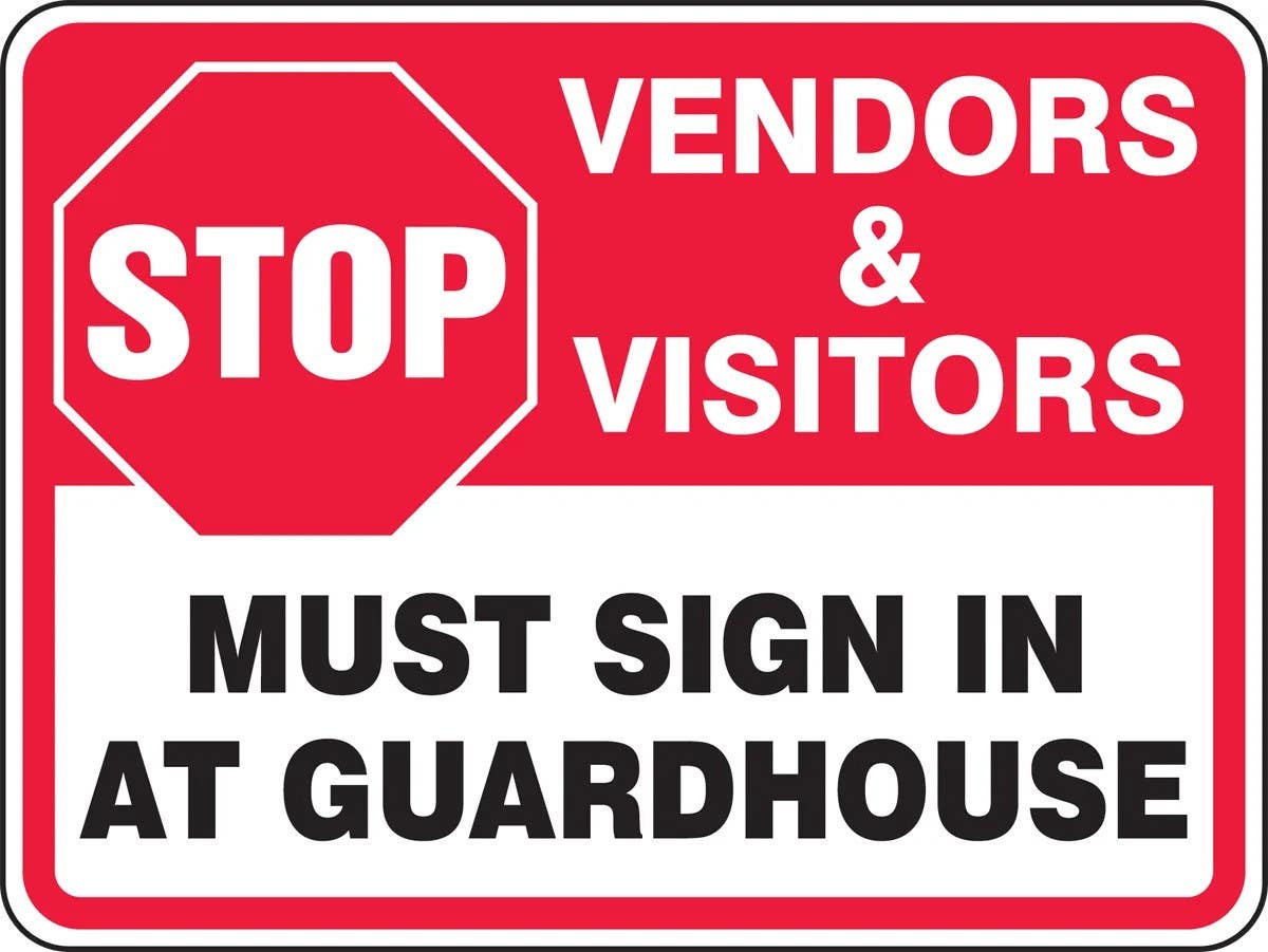 AccuformNMC FRR289 Facility Traffic Sign, Stop, Vendors & Visitors Must Sign In At Guardhouse, 18" H x 24" W
