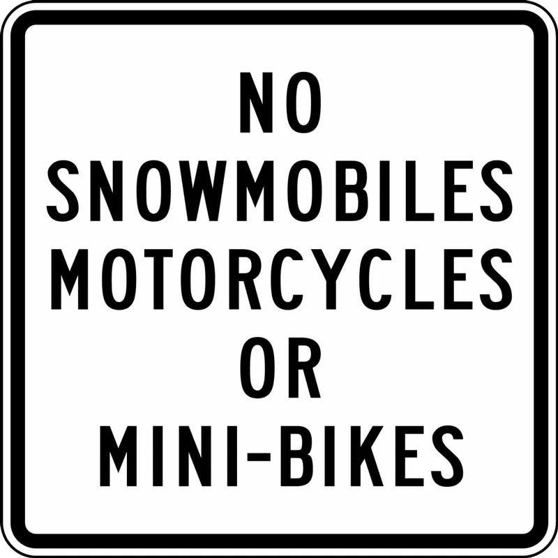 AccuformNMC FRR793 Motorcycle Sign, No Snowmobiles Motorcycles Or Mini-Bikes, 24" x 24"