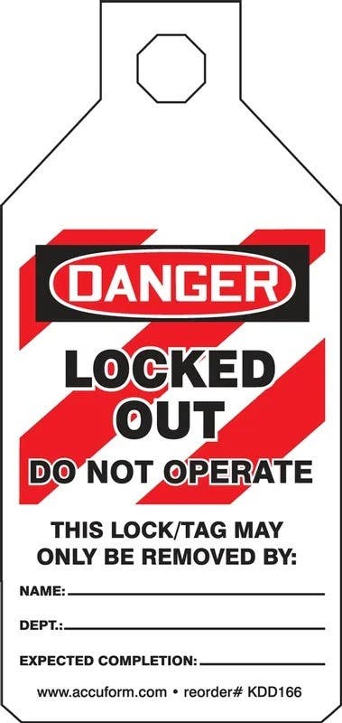 AccuformNMC KDD166 Stopout Tab Tag, Danger, Locked Out, Do Not Operate, RP-Plastic, 25/Pk