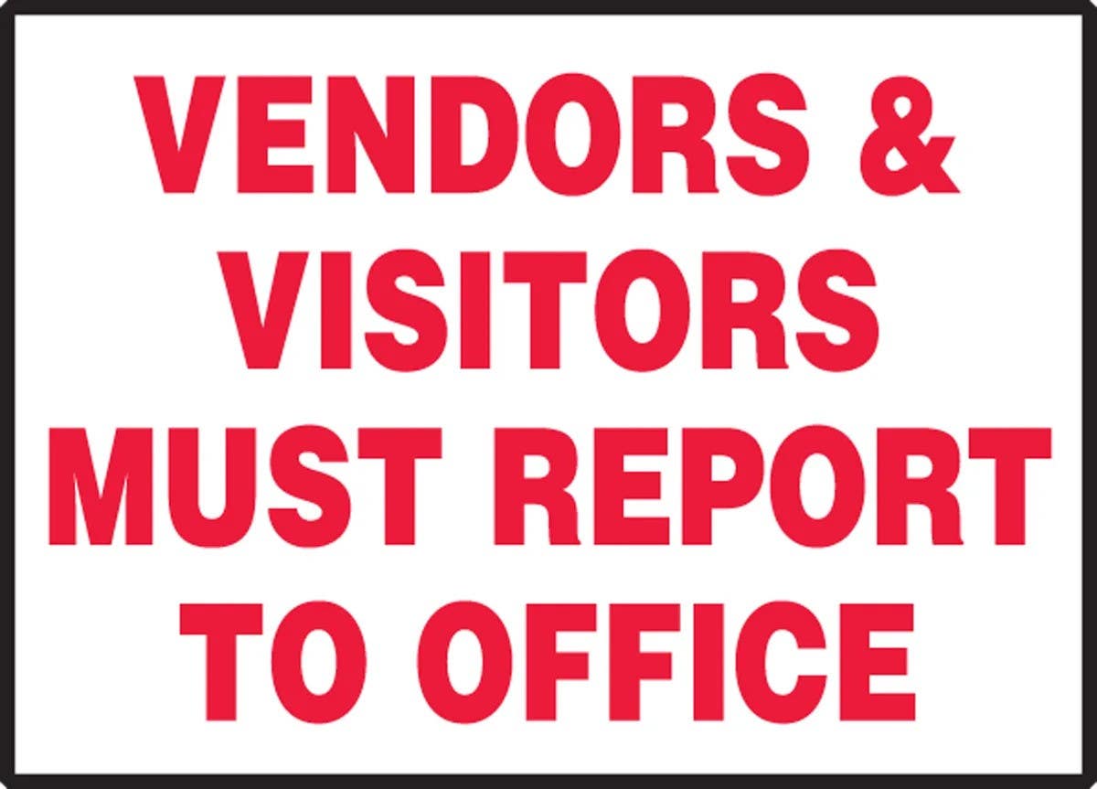 AccuformNMC LADM509VSP Safety Label, Vendors And Visitors Must Report To Office, Adhesive Vinyl, 3-1/2" H x 5" W, 5/Pk
