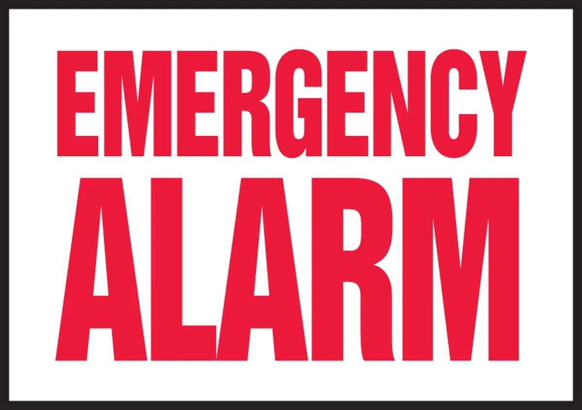 AccuformNMC LADM539XVE Safety Label, Emergency Alarm, Adhesive Dura Vinyl, 3-1/2" H x 5" W