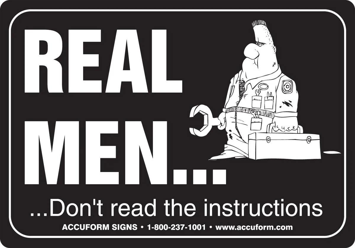 AccuformNMC LAGH318 Funny Label, Real Men Don't Read The Instructions, Adhesive Vinyl, 3-1/2" H x 5" W, 5/Pk
