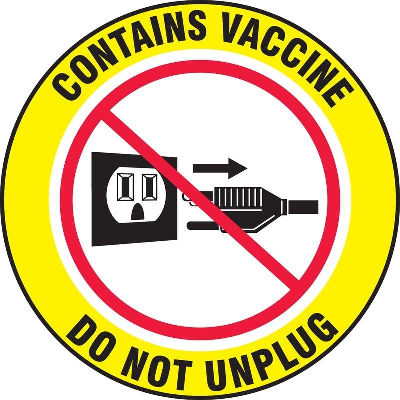 AccuformNMC LBDX50 Safety Label, Contains Vaccine Do Not Unplug, Adhesive Vinyl, 5/Pk