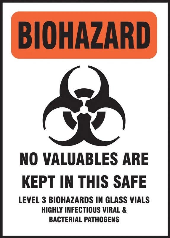 AccuformNMC LBHZ006VSP Biohazard Label, No Valuables Are Kept In This Safe, 7" H x 5" W, 5/Pk