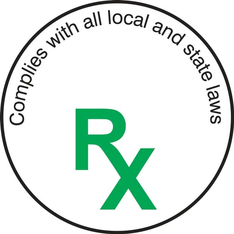 AccuformNMC LCAW500VS1 Cannabis Prescription Label, Complies With All Local And State Laws, Rx, Adhesive Vinyl, Circle, 1"