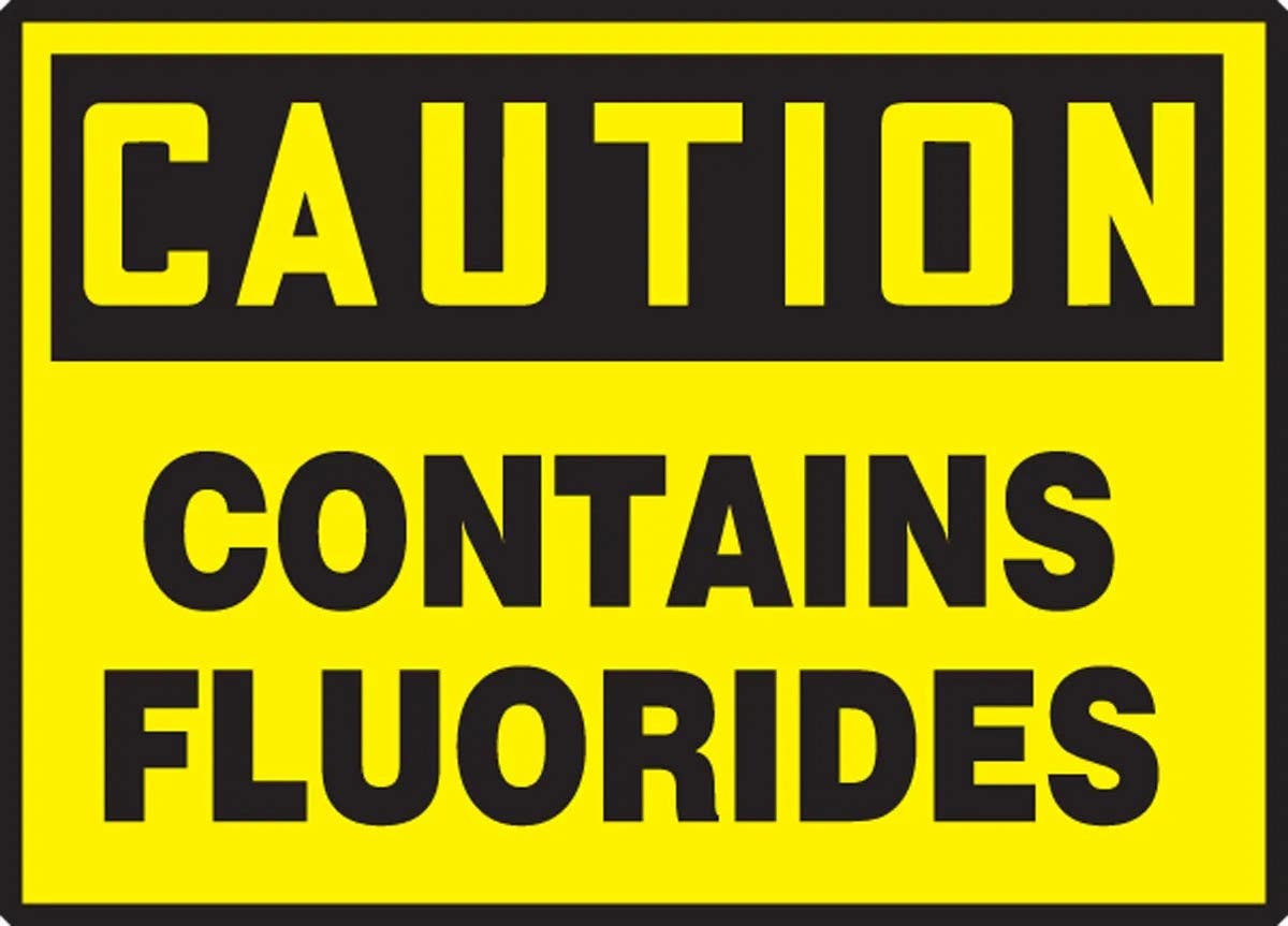 AccuformNMC LCAW61 Safety Label, Caution, Contains Fluorides, Adhesive Vinyl, 5/Pk