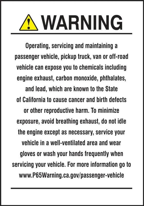 AccuformNMC LCAW627 Prop 65 Vehicle Exposure Exposure Safety Label, Cancer And Reproductive Harm, 5" H x 3-1/2" W