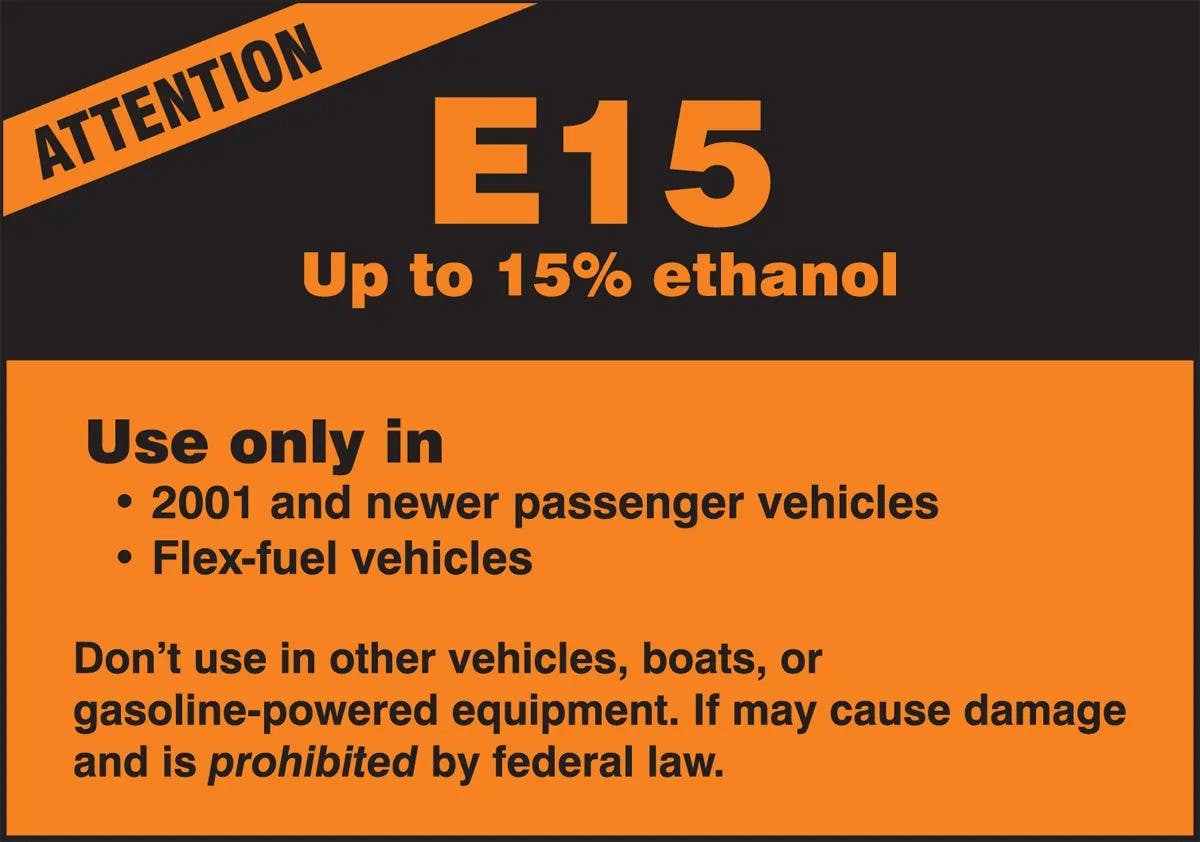 AccuformNMC LCHL342 Safety Label, Attention, E15 Up To 15% Ethanol..., Adhesive Dura-Vinyl, 3-1/8" H x 3-5/8" W