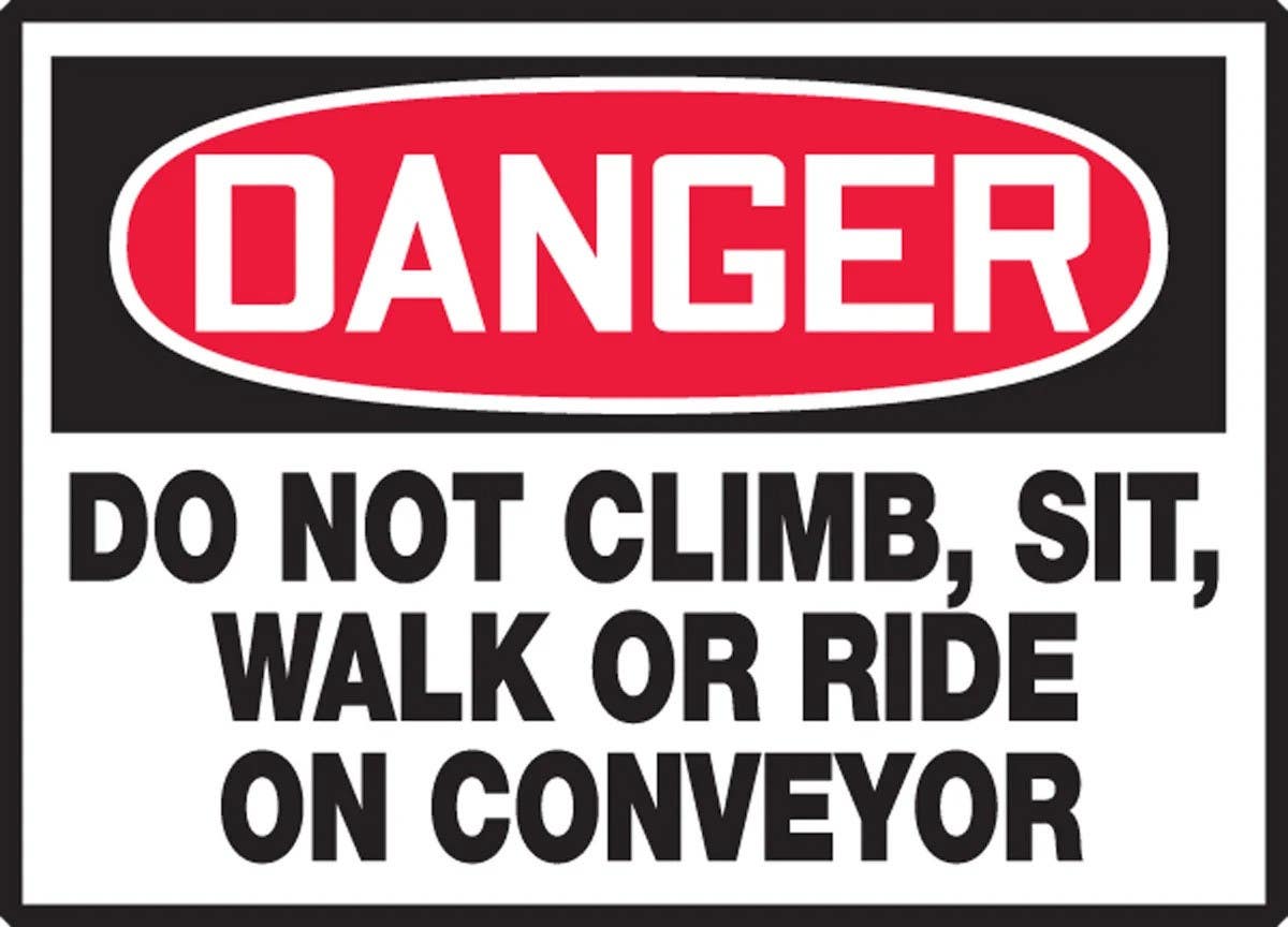 AccuformNMC LECN103XVE Safety Label, Do Not Climb, Sit, Walk Or Ride On Conveyor, Adhesive Dura Vinyl, 3-1/2" H x 5" W