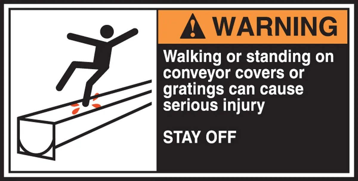 AccuformNMC LECN367 ANSI Warning CEMA Label, Walking Or Standing On Conveyor…, Adhesive Vinyl, 2-1/2" H x 5" W, 5/Pk
