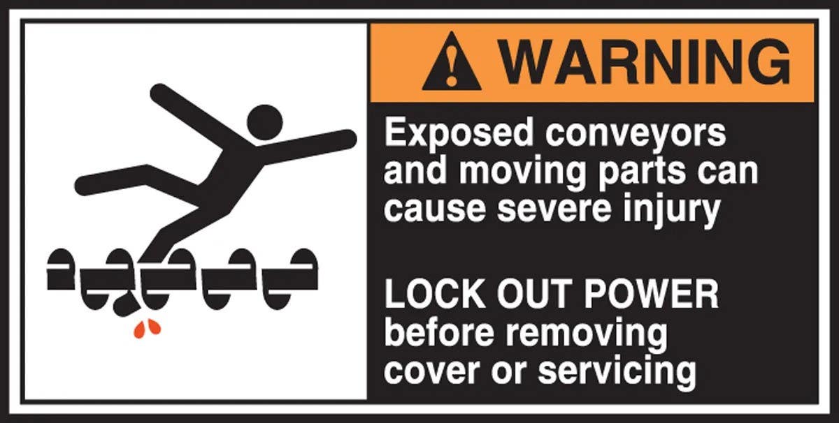AccuformNMC LECN370 Electrical Safety Label, Warning, Exposed Conveyors And Moving Parts…, Adhesive Vinyl, 5/Pk