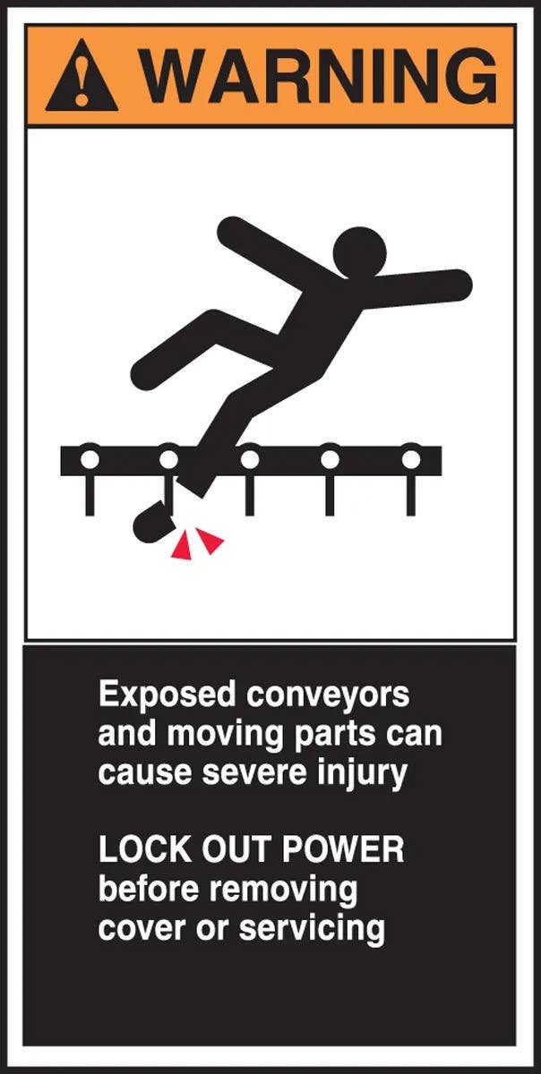 AccuformNMC LECN371 Electrical Safety Label, Warning, Exposed Conveyors And Moving Parts…, Adhesive Vinyl, 6" H x 3" W, 5/Pk