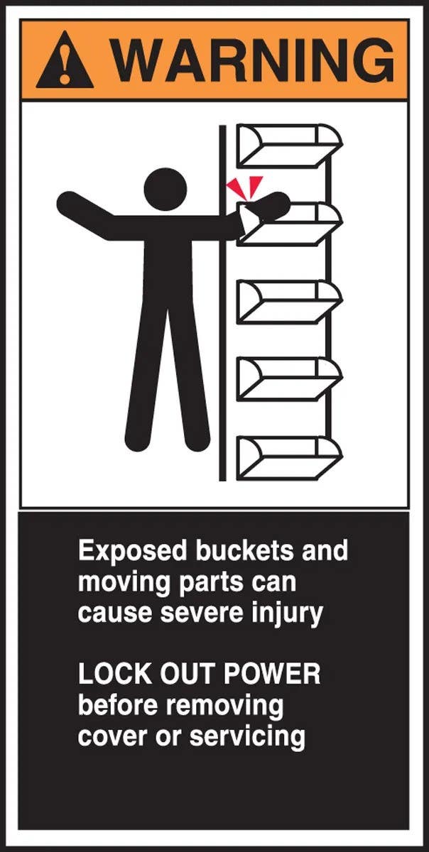 AccuformNMC LECN373 Electrical Safety Label, Warning, Exposed Buckets And Moving Parts..., Adhesive Vinyl, 6" H x 3" W, 5/Pk