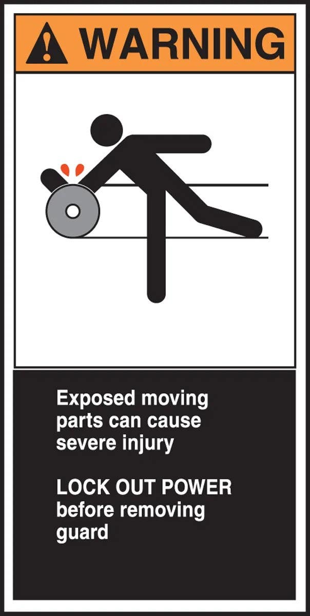 AccuformNMC LECN374 Electrical Safety Label, Warning, Exposed Moving Parts Can Cause…, Adhesive Vinyl, 6" H x 3" W, 5/Pk