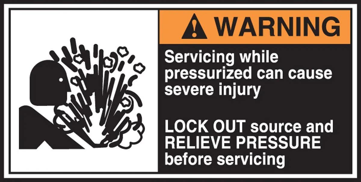AccuformNMC LECN376 ANSI Warning Cema Label, Servicing While Pressurized Can Cause…, Adhesive Vinyl, 2-1/2" H x 5" W, 5/Pk