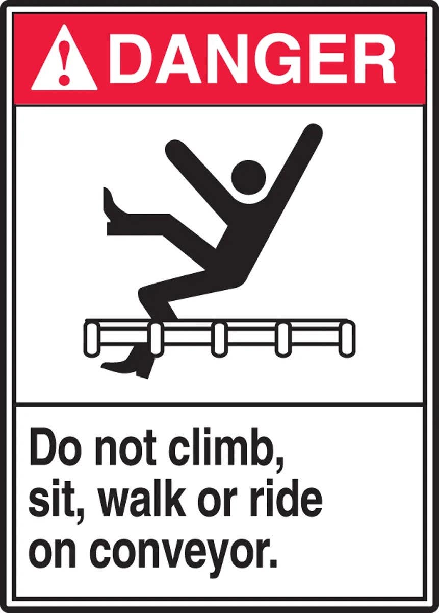 AccuformNMC LECR100VSP ANSI Danger Safety Label, Do Not Climb, Sit, Walk Or Ride On Conveyor, Adhesive Vinyl, 5/Pk