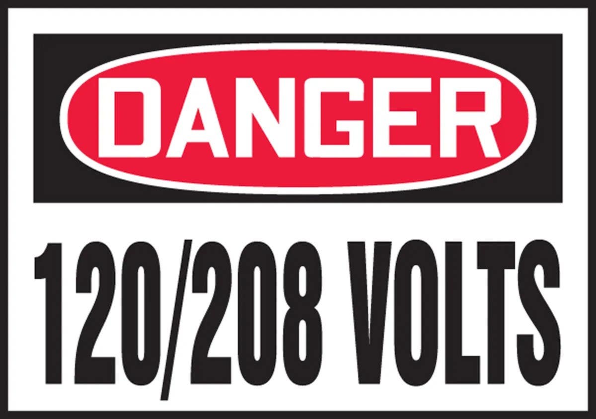AccuformNMC LELC154XVE OSHA Danger Safety Label, 120/208 Volts, Adhesive Dura Vinyl, 3-1/2" H x 5" W