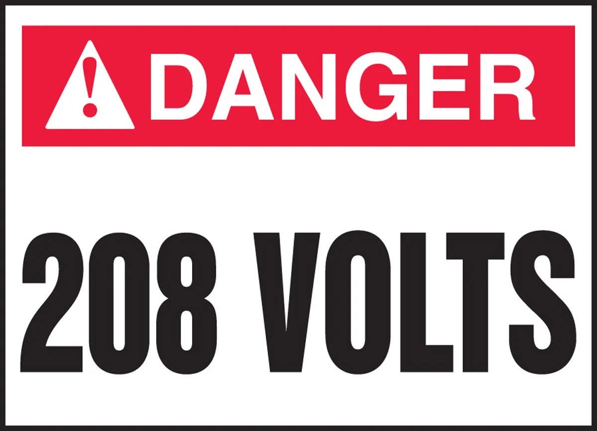 AccuformNMC LELC Electrical Safety Label, Danger, 208 Volts, Adhesive Vinyl, 5/Pk