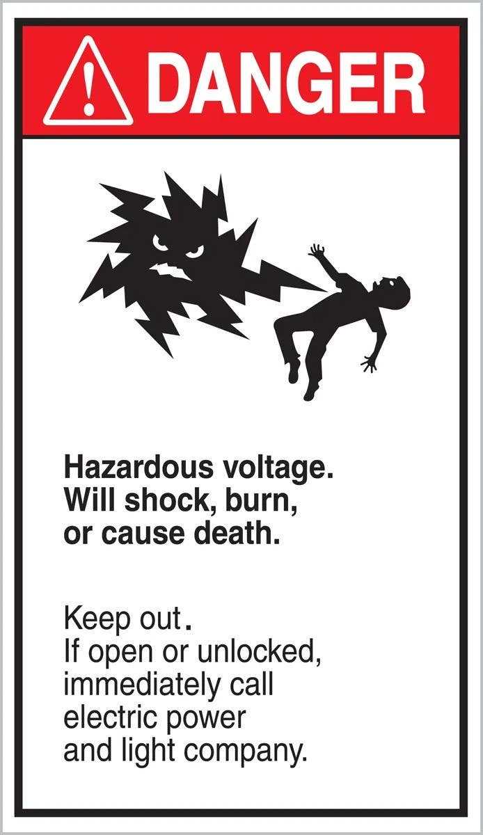 AccuformNMC LELC191 ANSI Danger Safety Label, Hazardous Voltage, Will Shock, Burn..., 8" H x 4-1/2" W, Adhesive Dura-Vinyl