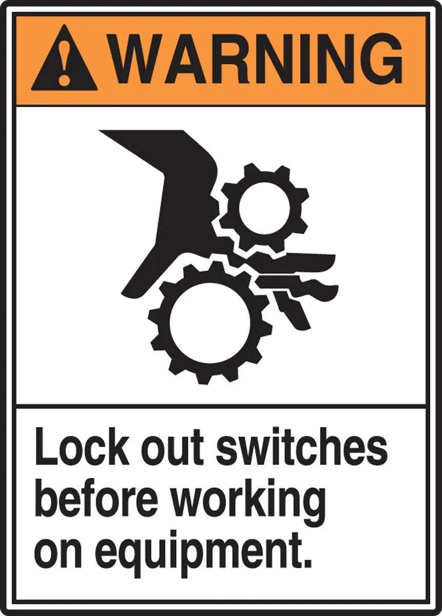 AccuformNMC LELC311XVE ANSI Safety Label, Lock Out Switches Before Working On Equipment, Adhesive Dura Vinyl, 5" H x 3-1/2" W