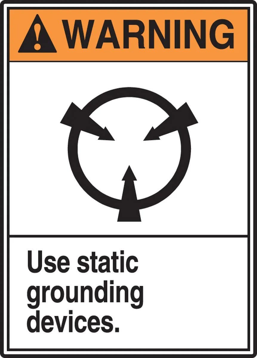 AccuformNMC LELC314XVE ANSI Warning Safety Label, Use Static Grounding Devices, Adhesive Dura Vinyl, 5" H x 3-1/2" W