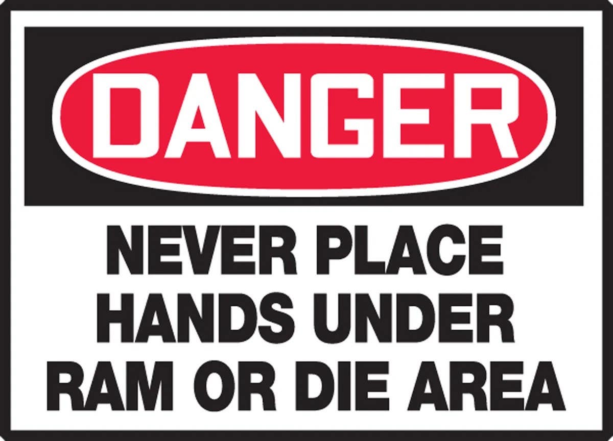 AccuformNMC LEQM120VSP OSHA Danger Safety Label, Never Place Hands…, Adhesive Vinyl, 3-1/2" H x 5" W, 5/Pk
