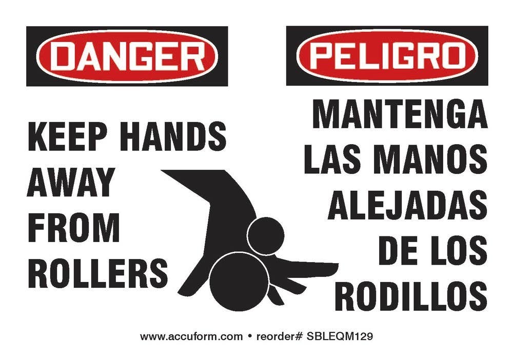 AccuformNMC LEQM129VSP OSHA Danger Safety Label, Keep Hands Away From Rollers, Adhesive Vinyl, 3-1/2" H x 5" W, 5/Pk