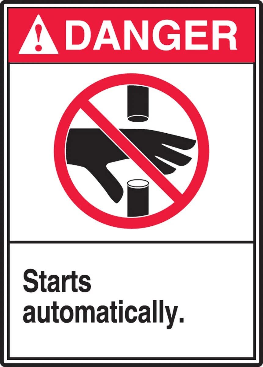 AccuformNMC LEQM162VSP Equipment Safety Label, Danger, Starts Automatically, Adhesive Vinyl, 5" H x 3-1/2" W, 5/Pk