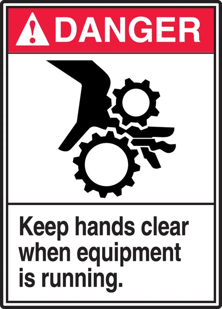 AccuformNMC LEQM163XVE Safety Label, Keep Hands Clear When Equipment Is Running, Adhesive Dura Vinyl, 5" H x 3-1/2" W