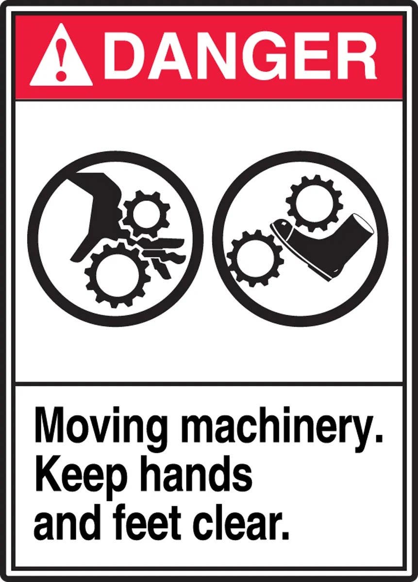AccuformNMC LEQM164XVE Safety Label, Moving Machinery Keep Hands And Feet Clear, Adhesive Dura Vinyl, 5" H x 3-1/2" W