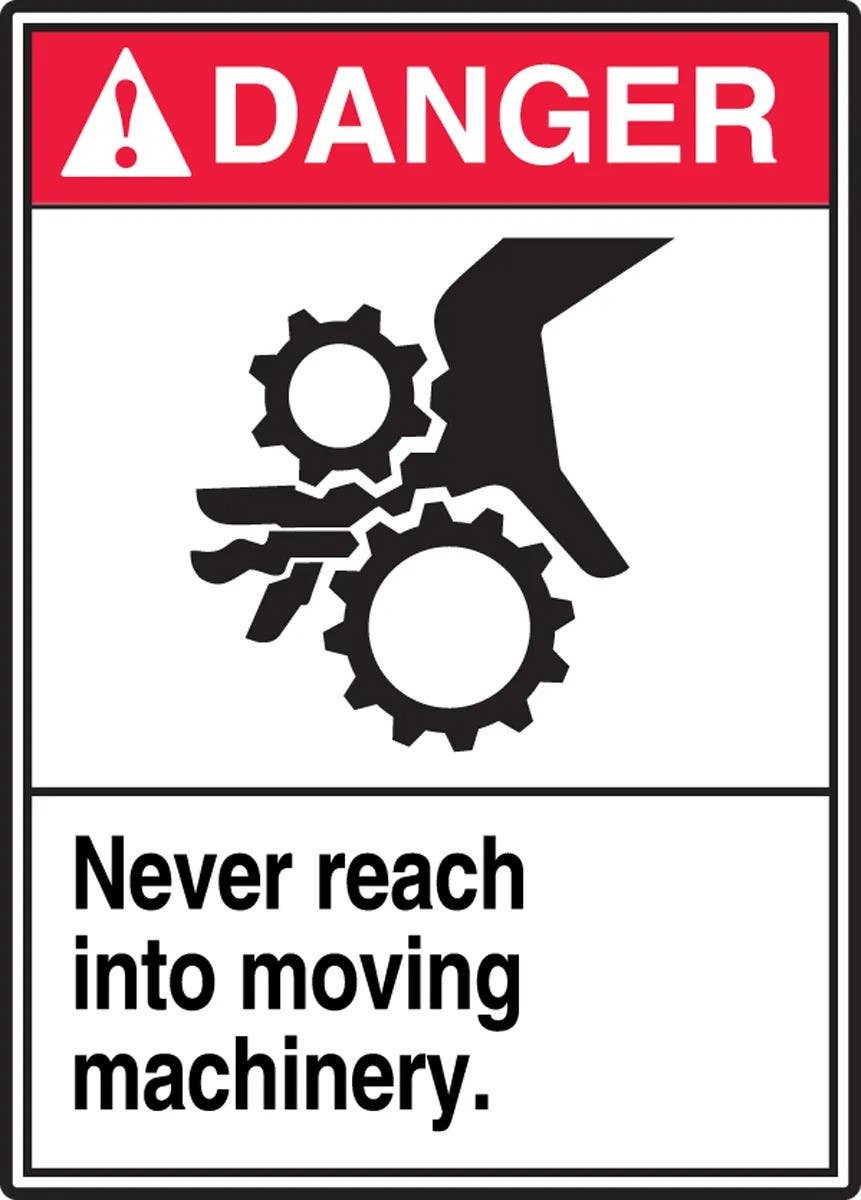 AccuformNMC LEQM166XVE ANSI Danger Safety Label, Never Reach Into Moving Machinery, Adhesive Dura Vinyl, 5" H x 3-1/2" W