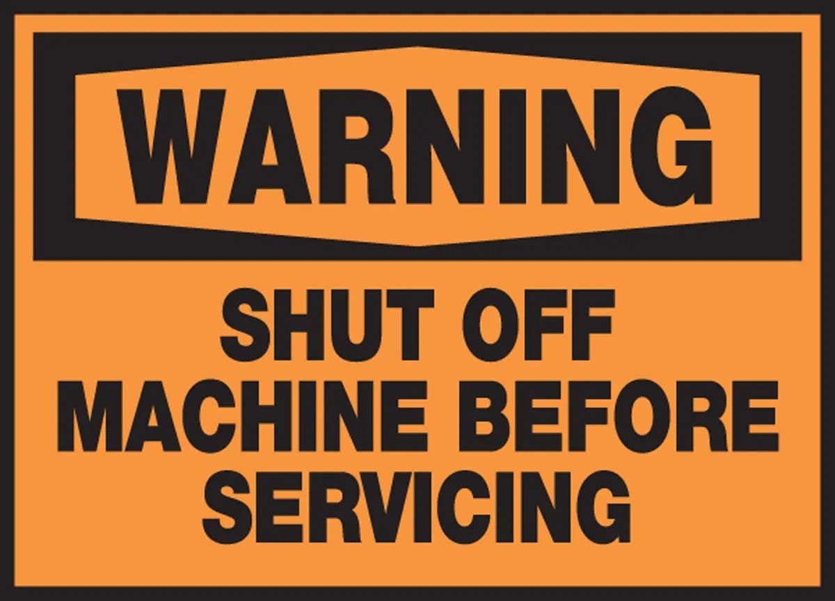AccuformNMC LEQM300XVE Safety Label, Warning, Shut Off Machine Before Servicing, Adhesive Dura Vinyl, 3-1/2" H x 5" W