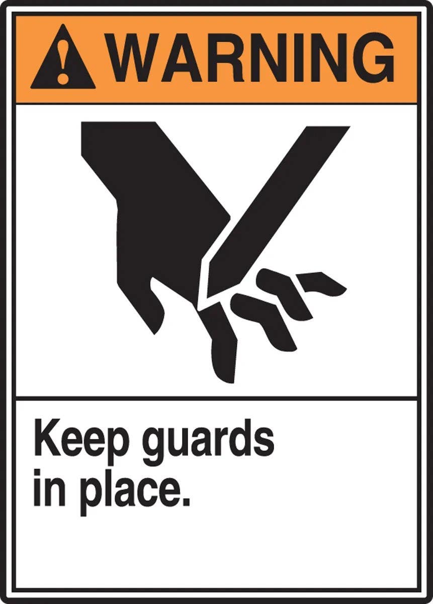 AccuformNMC LEQM314VSP Equipment Safety Label, Warning, Keep Guards In Place, Adhesive Vinyl, 5" H x 3-1/2" W, 5/Pk