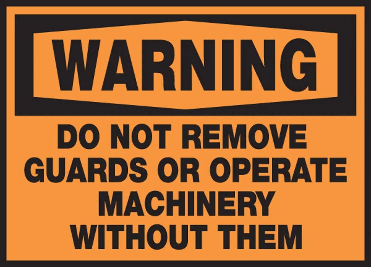 AccuformNMC LEQM318XVE Safety Label, Warning, Do Not Remove Guards..., Adhesive Dura Vinyl, 3-1/2" H x 5" W